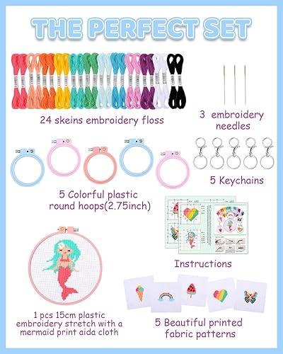 Miniatura 2 de Pllieay 6 kits de punto de cruz para principiantes para niños de 7 a 13 años, kit de bordado para niños, kit de costura para niños, kit de inicio