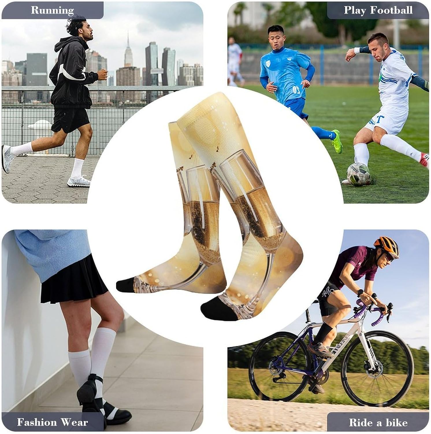 Mid Calf Socks for Women, Breathable Crew Two Glasses of Champagne Sock for Men, Lightweight Soft Athletic Socks