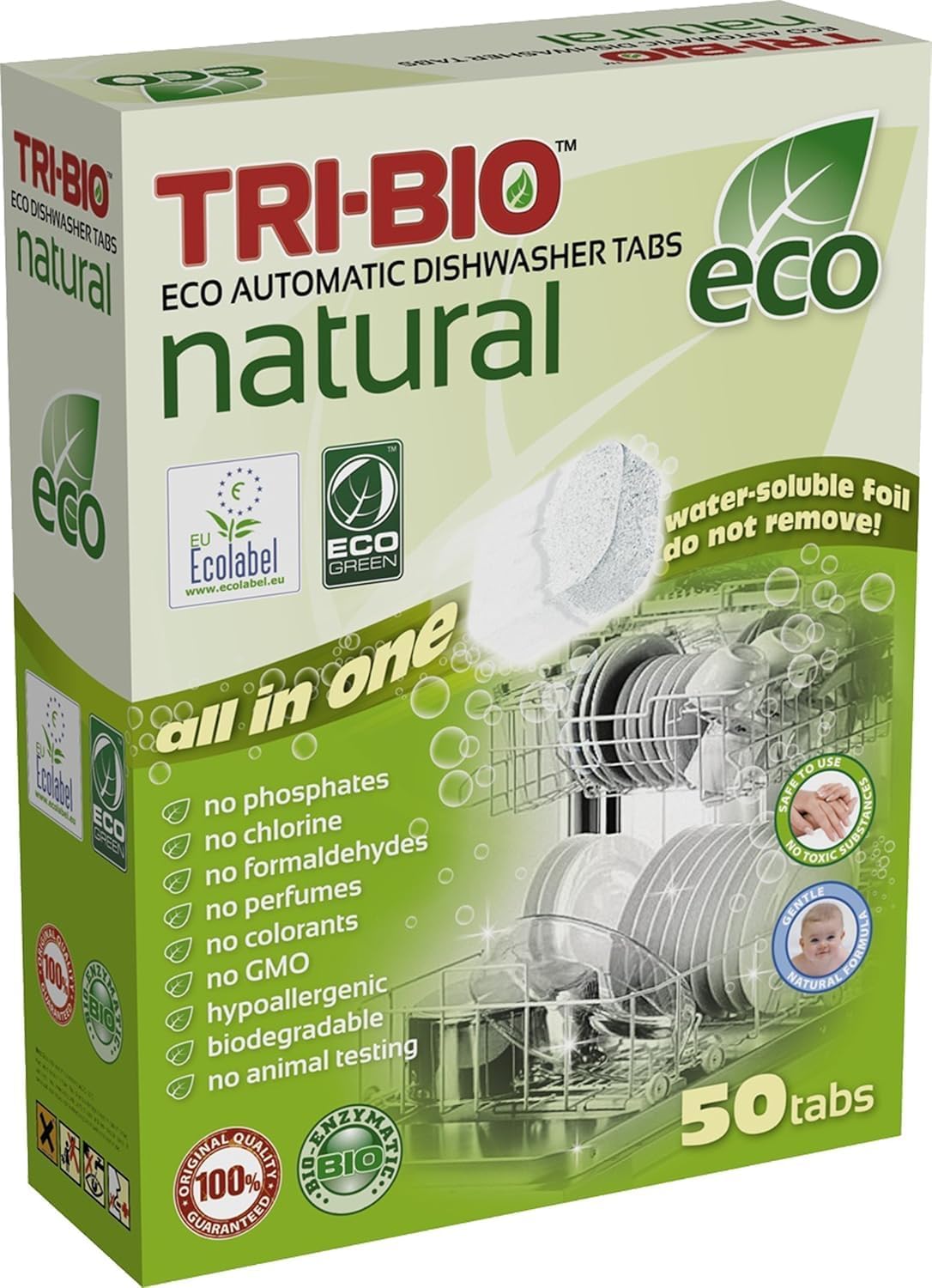 Natural Eco Friendly Dishwasher Detergent Tablets, Plant-Based and Biodegradable, Vegan and Cruelty-Free, No Odor, Plastic-free, Septic Safe, 50 Tabs