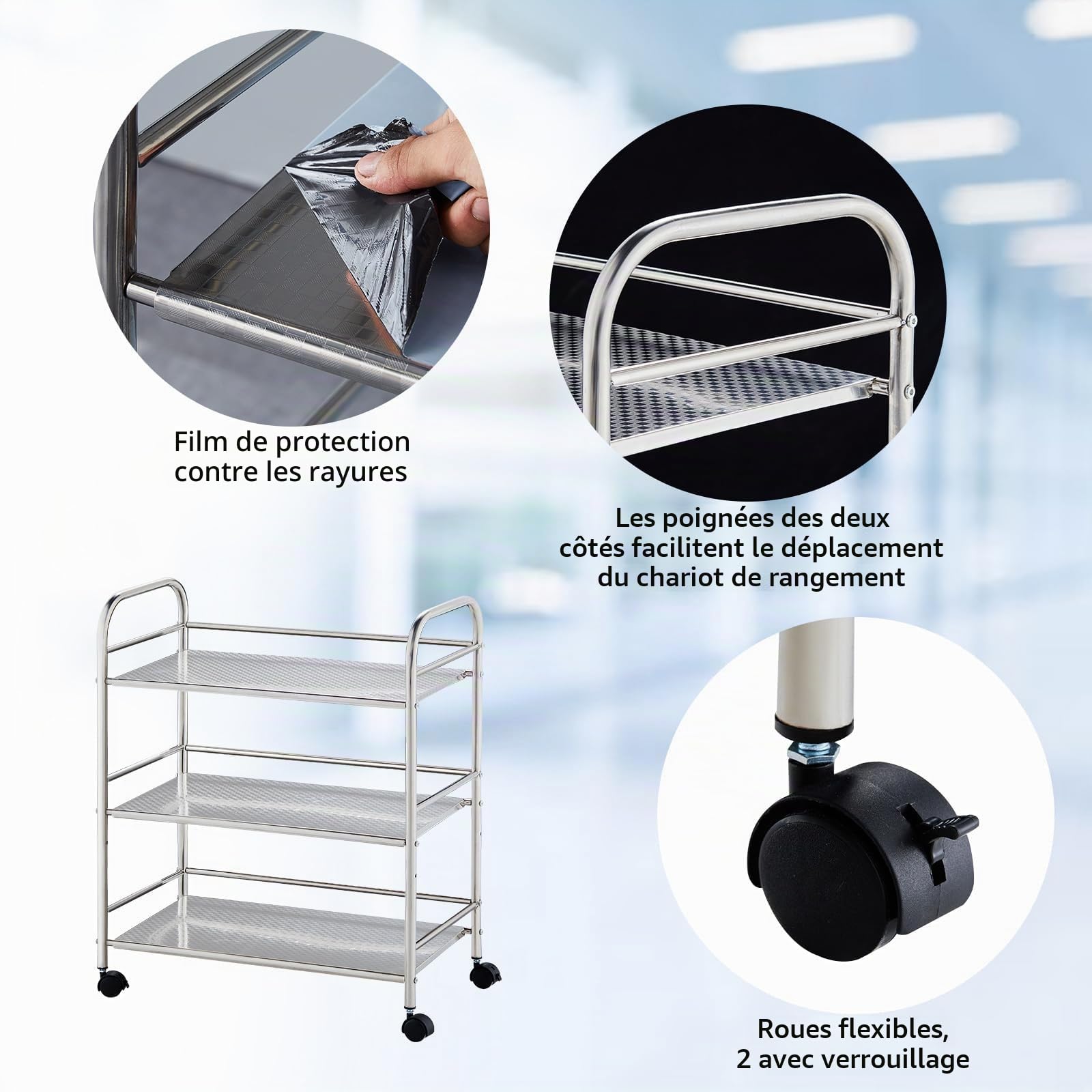 CLIPOP Chariot de Service en Acier Inoxydable avec 3 Niveaux - Capacité : 150 kg - Chariot de Cuisine avec roulettes - de Service - de Barbecue - pour l'extérieur, la Cuisine, Le (35 x 50 x 75cm)