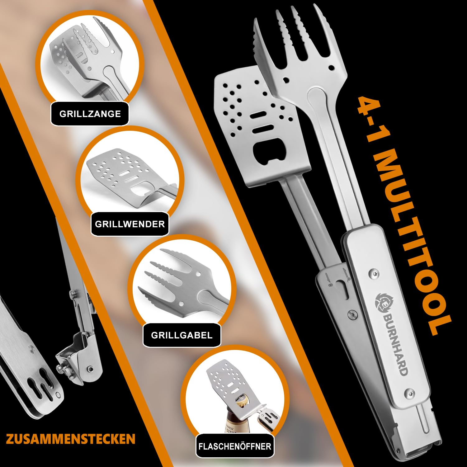 BURNHARD® Grillbesteck 4-in-1, Multitool inkl. Grillwender, Grillgabel, Grillzange und Flaschenöffner