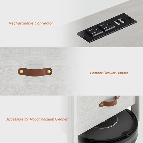 Miniatura 5 de WAMPAT Mesitas de noche para dormitorio, juego de 2 mesas auxiliares con estación de carga, mesita de noche de madera con 2 cajones, mesa auxiliar