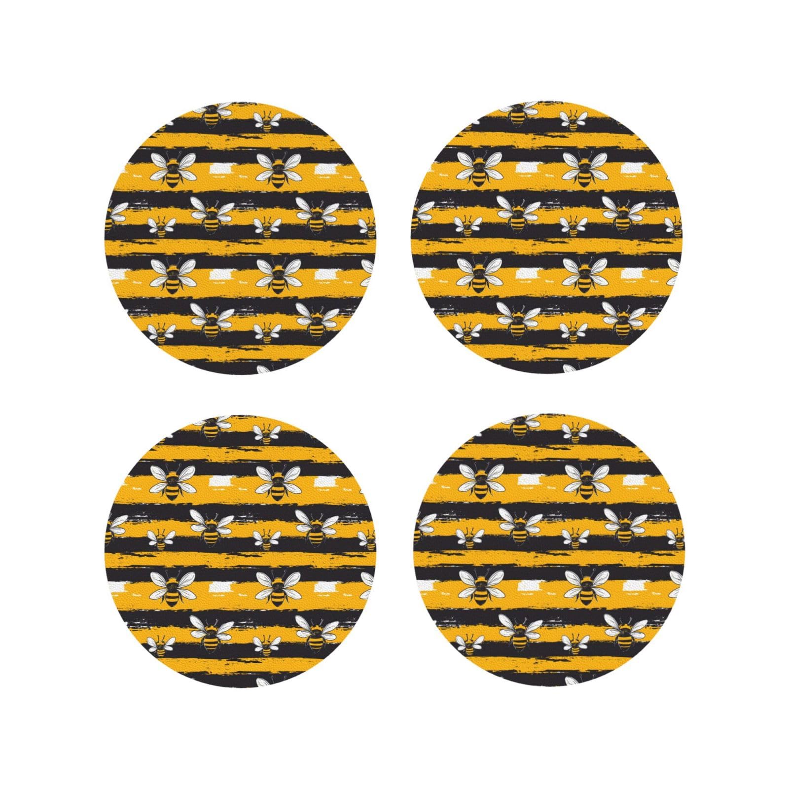 Leather Coasters Set of 4 - Black Yellow Striped Bee Print Lightweight Drink Coasters for Desk