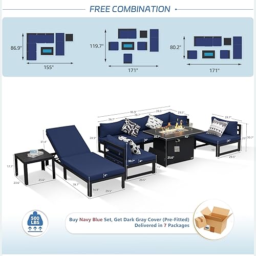 Miniatura 40 de NICESOUL 7 Piece White Powder-Coated Aluminum Patio Furniture with Fire Pit Table, 29 Inch Extra Wide Outdoor Sectional Sofa for 6, High-End Heavy