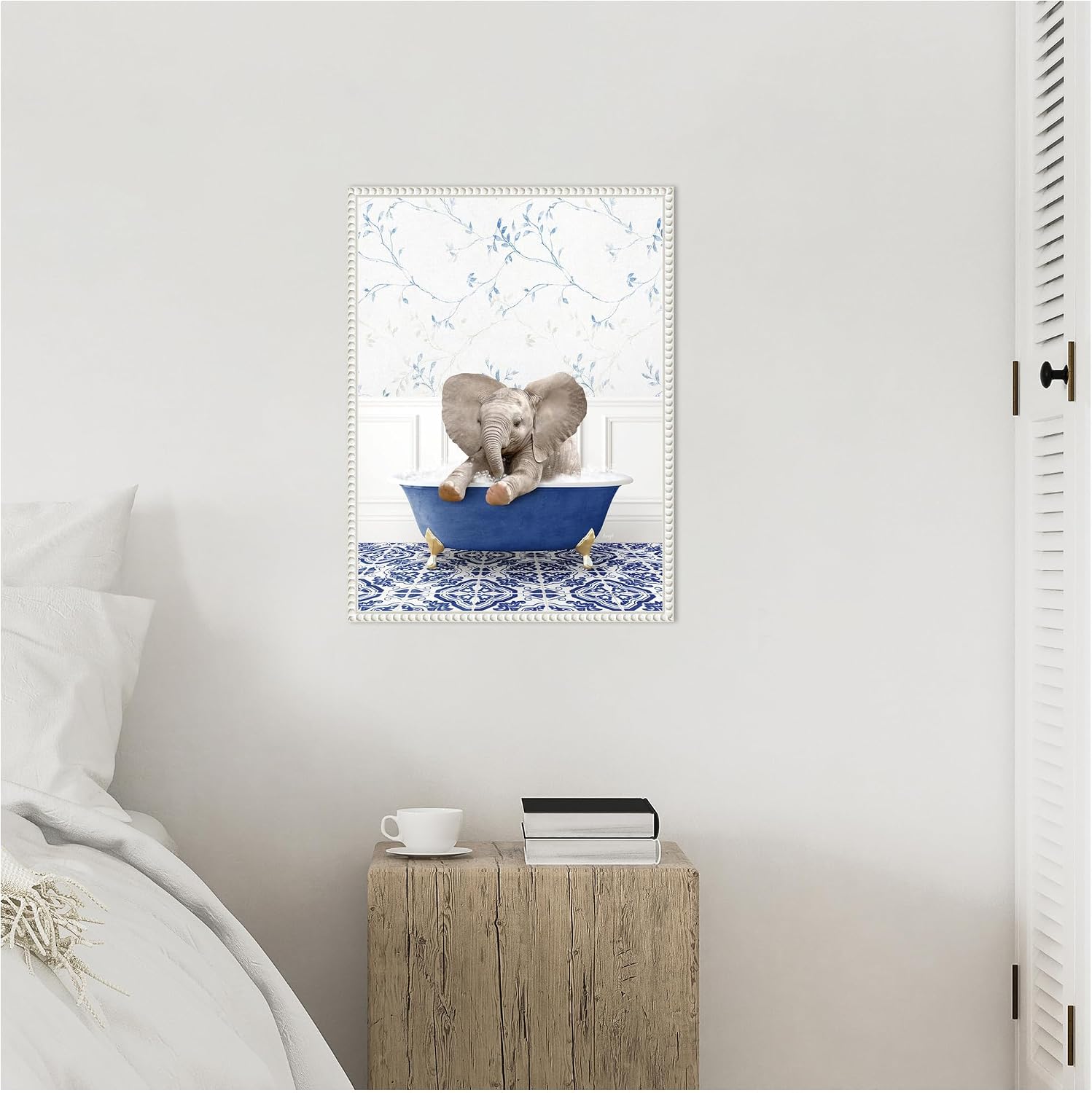 Kate and Laurel Baby Elephant No6 in Eclectic Blue Bath Framed Canvas Wall Art by Amy Peterson 18 x 24 Sylvie Beaded White, Whimsical, Animals Art for Wall Decor, Living Room, Bedroom