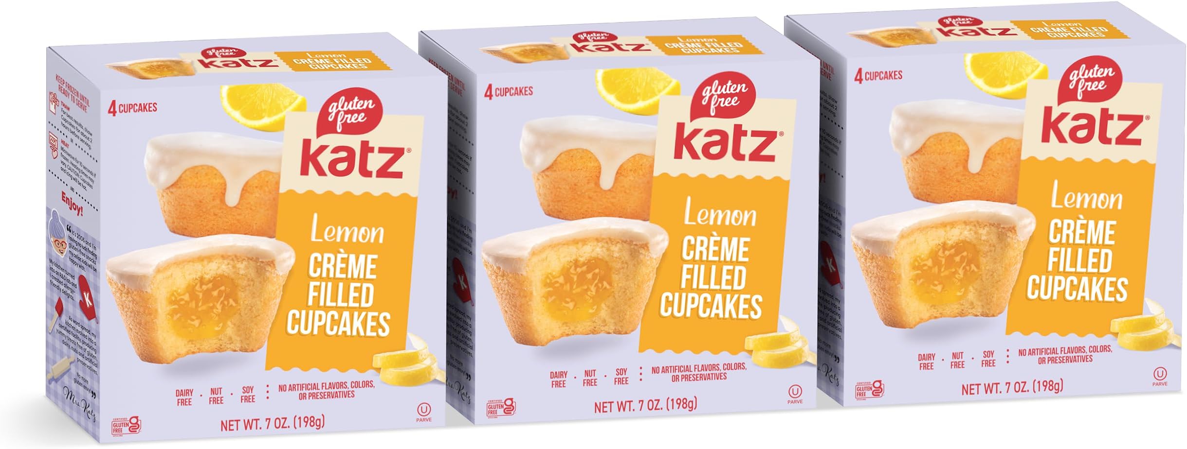 Katz Gluten Free Lemon Creme Filled Cupcakes. Free of Dairy, Peanuts, Tree Nuts, and Sesame. KosherS nack, 7oz (3Pk)