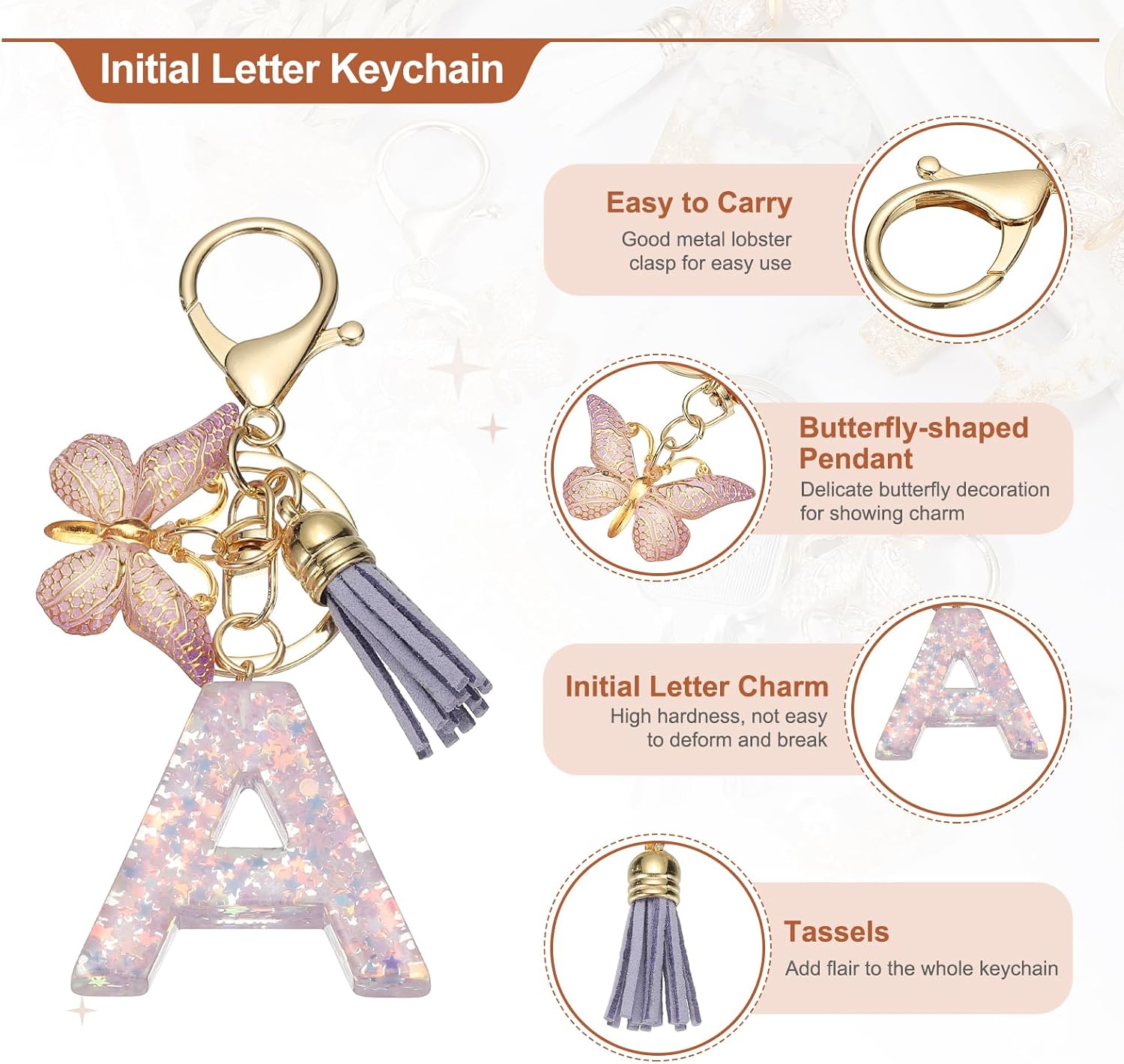 MECCANIXITY Initial Letter Keychain, Cute Tassel Butterfly Keychain Letter Charm for Women Girls Key Purse Handbag