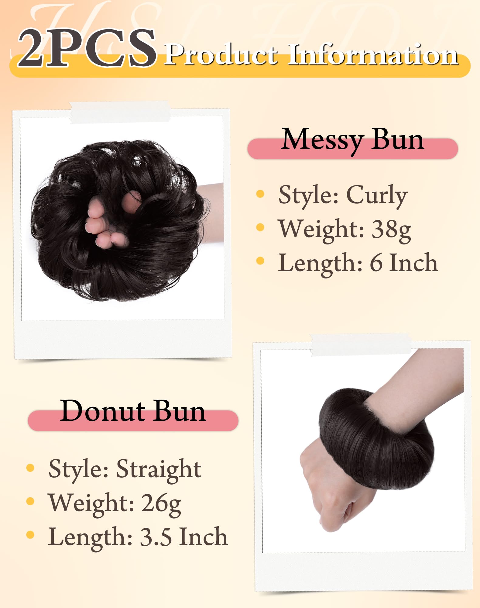 Haarteile für Hochsteckfrisuren, groß, gewellt, gelockt, Donut-Haarteile, Haargummis, Kunsthaar, Chignon, Pferdeschwanz, Haarverlängerung, dick, Hochsteckfrisur für Damen, Braun, Schwarz, 2