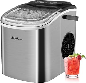 LIVINGbasics Stainless Steel Ice Maker,Self-Cleaning,9 Cubes in 6-12 Mins | 26 lbs/Day. 1.2L Water storage tank. View window lid. Quiet 35dB. Auto water & ice alerts. Scoop & basket included.