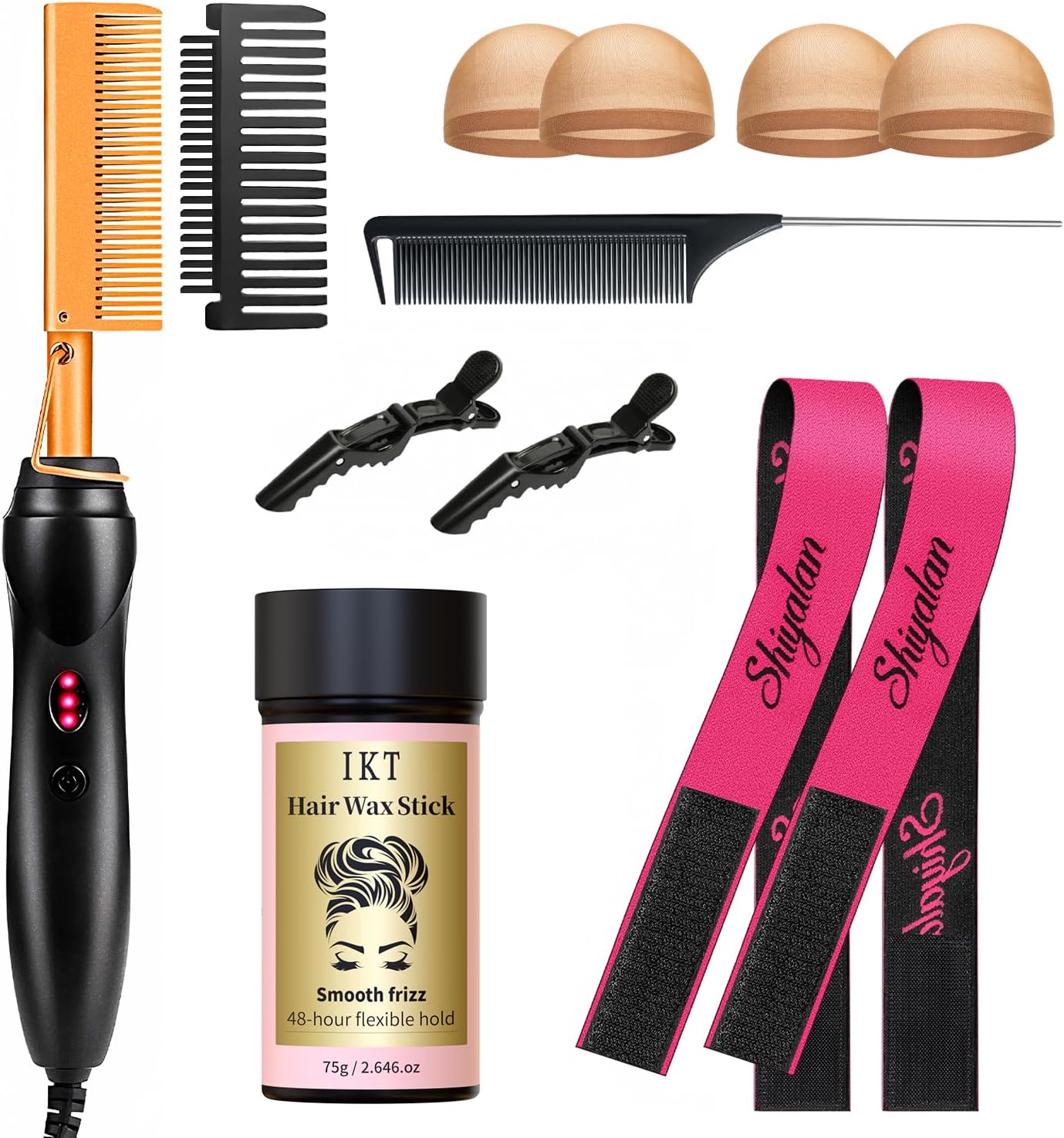 Hot Comb Set 11Pcs, Electric Hair Straightener Pressing Comb for Black Hair with Wig Wax Stick, Lace Band, Rat Tail Comb & Salon Clips