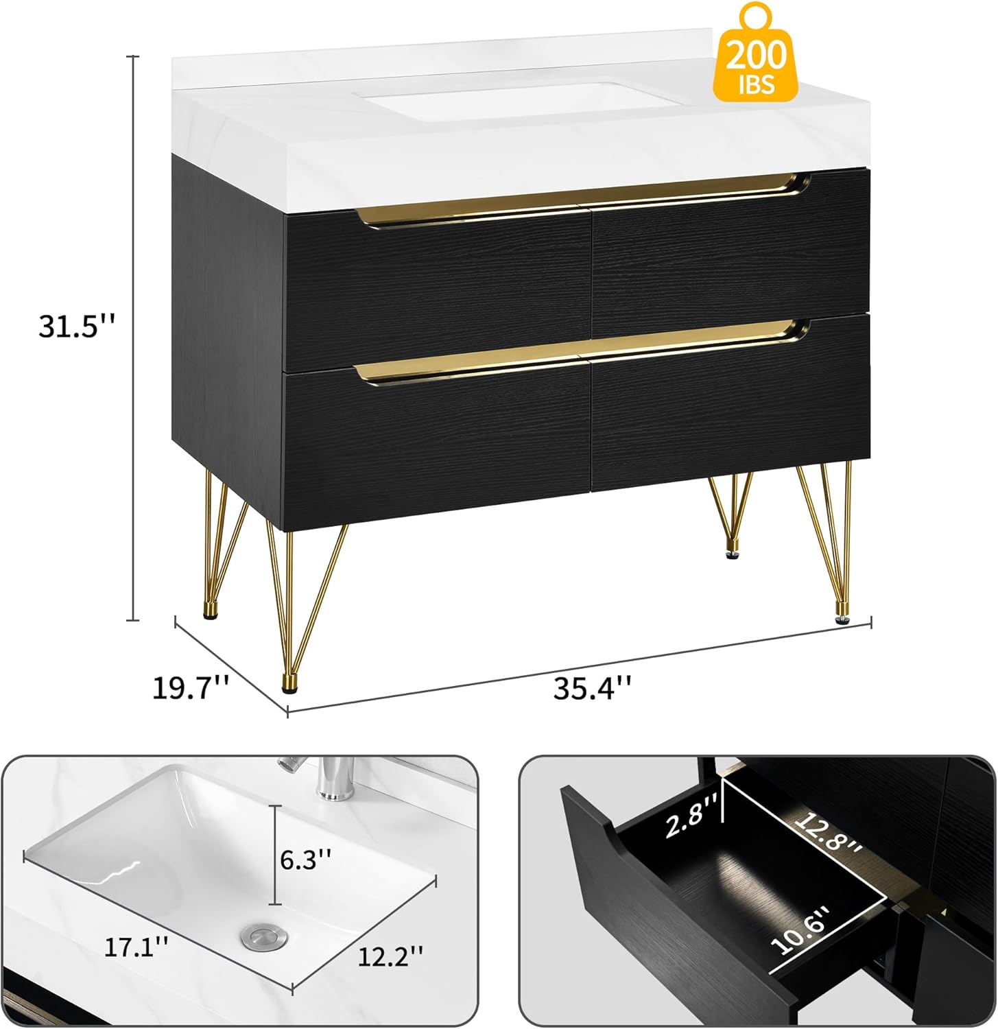 Dimensions of DWVO 36 Inch Bathroom Vanity, Sink, and Drawers