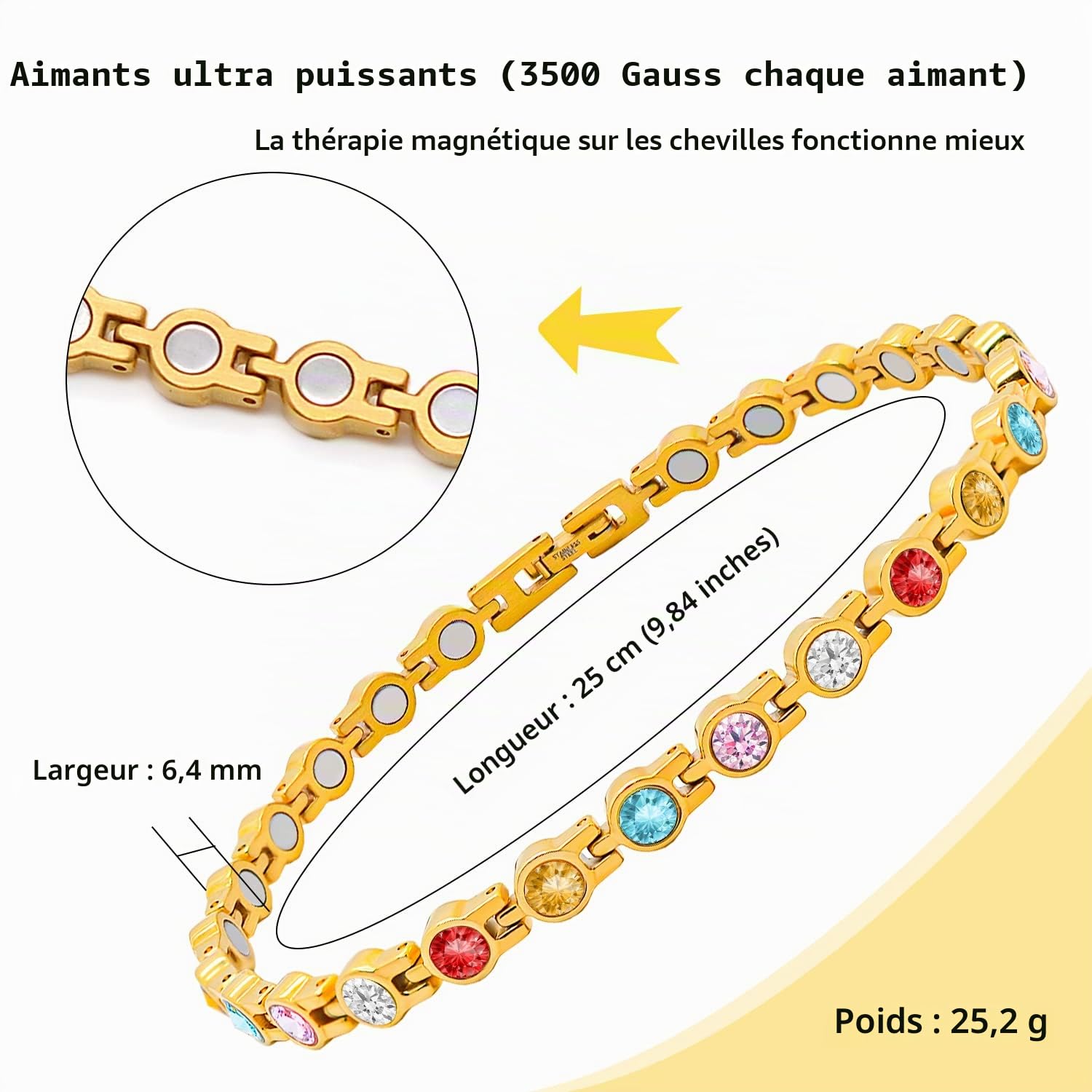 JEROOT Bracelet de Cheville Magnétique Titane,Bracelet de Cheville pour Femme Colorée Cristal Bijoux De Pied Pour Femmes Lien libre + Coffret Cadeau