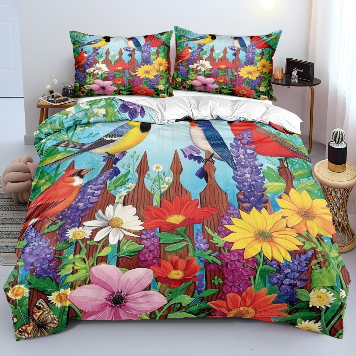 Sparrow Bird Comforter Set Queen Size Colorful Flowers Animal Bedding Set Farmhouse Bird Comforter Sets Garden Flowers Bed Set Soft Down Alternative Comforter for All Season(Gilrs Women)