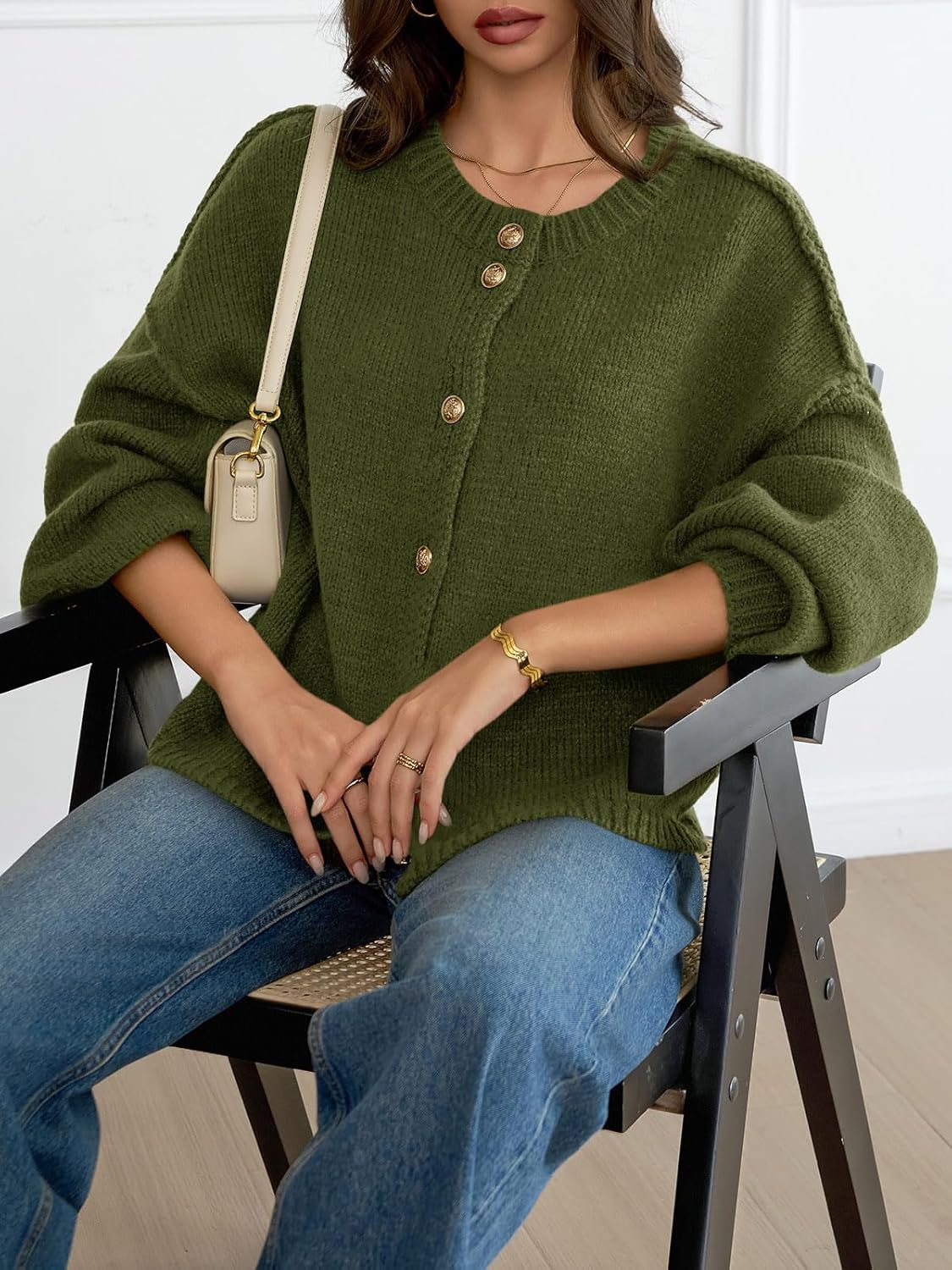 Saodimallsu Womens Oversized Cardigans Button Up Long Lantern Sleeve Chunky Knit Casual Soft Fall Sweater Coats - Image 4