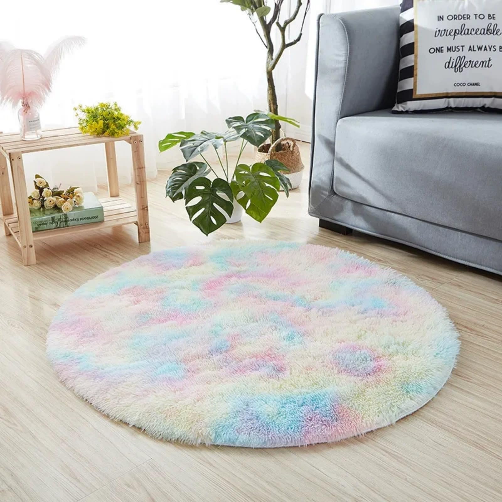 Tapis rond de salon poil long shaggy moderne et grand tapis de chevet