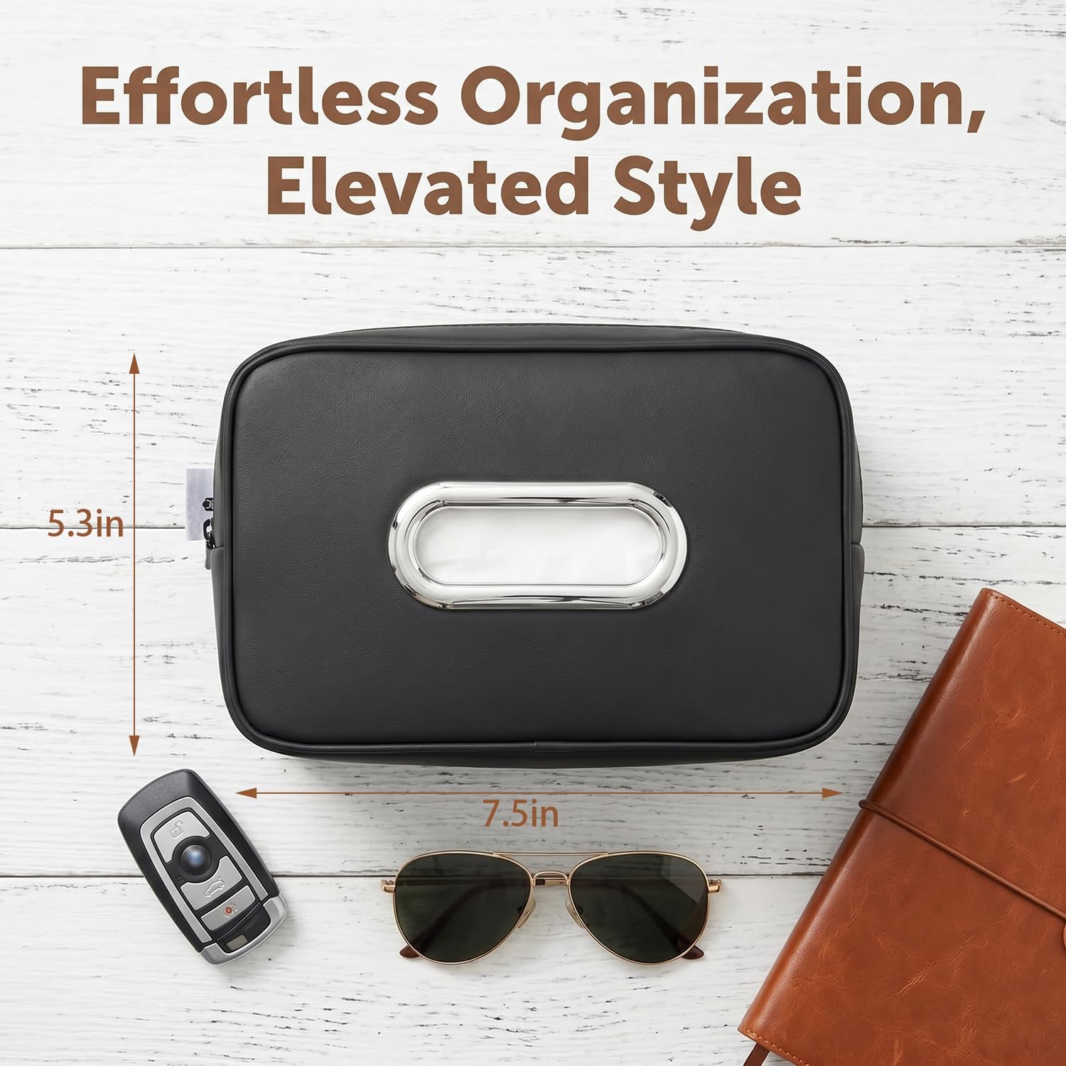 Compact Car Tissue Holder – Premium PU Leather Tissue Box, Fits 100 Sheets, Black Car Storage Organizer for Seat/Headrest/Center Console/Visor (Beige) image 3