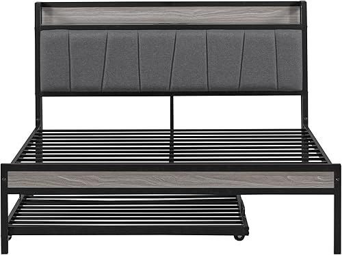 Miniatura 8 de Cama de plataforma de tamaño matrimonial con nido, marco de cama de plataforma matrimonial de metal con cabecera tapizada, enchufes, puertos USB y