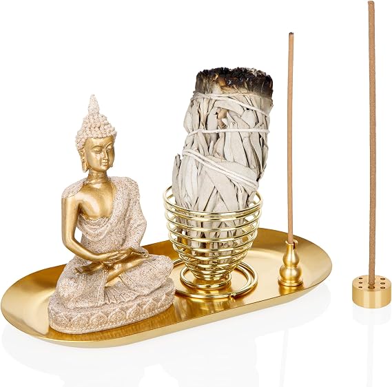 ZenBless 7 Chakra Healing Crystals Stones Tree, Colorful Crystal Stone Leaf Wire Wrapped on Natural Agate Slice Base, 6 in 1 Incense Holder - Palo Santo, Buddha Statue, Sage & Incense Burner Holder