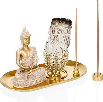 ZenBless 6 in 1 Incense Holder - Palo Santo, Buddha Statue, Sage & Incense Burner Holder for Sticks/Coil/Cones, Gold Oval Ash Catcher