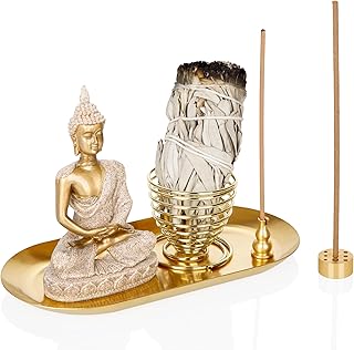 ZenBless 6 in 1 Incense Holder - Palo Santo, Buddha Statue, Sage & Incense Burner Holder for Sticks/Coil/Cones, Gold Oval Ash Catcher