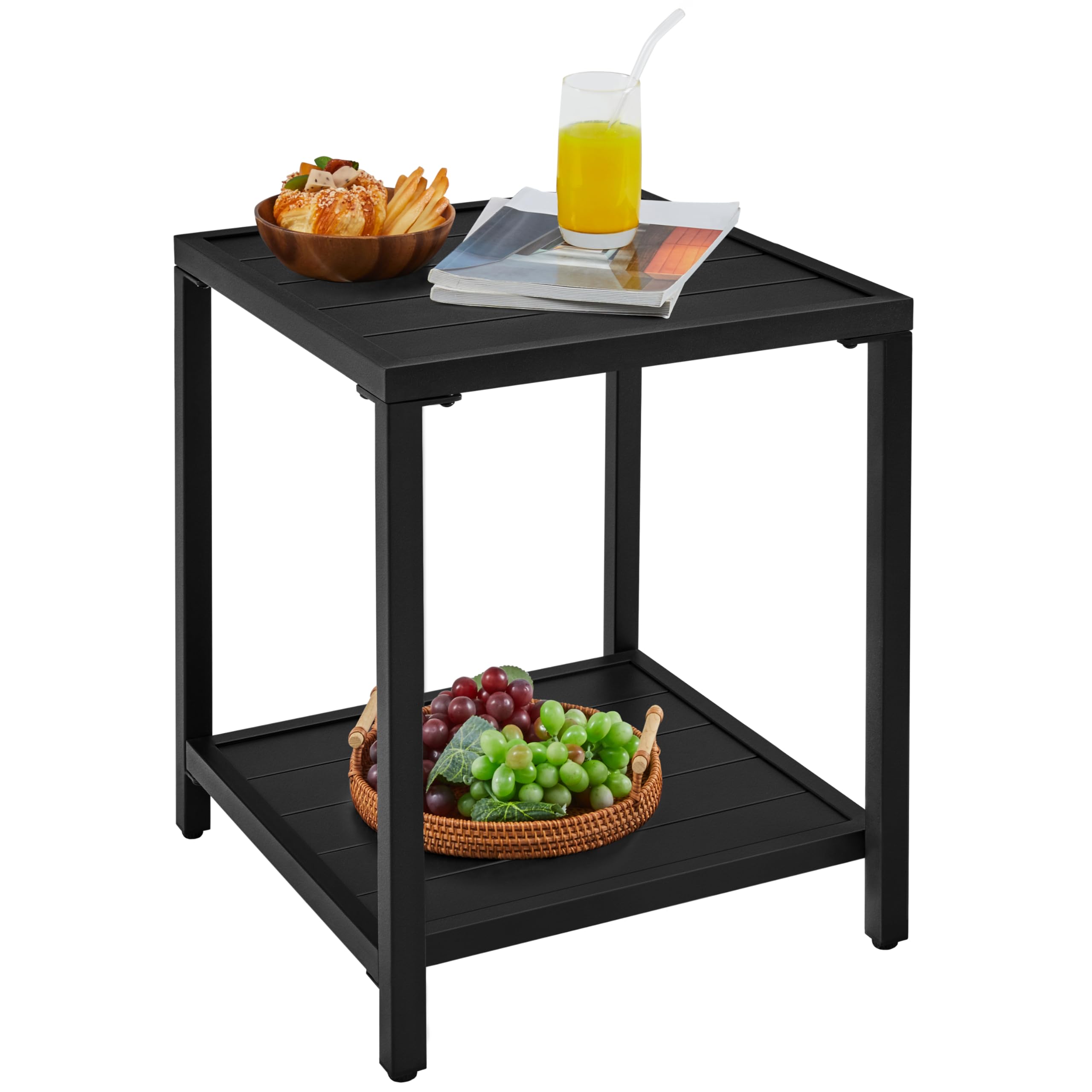 Yaheetech Tavolo da Giardino con Ripiano in Metallo Tavolino Quadrato di Servizio con Doghe per Esterno Patio Bistrot Terrazza 45 x 45 x 54 cm Nero