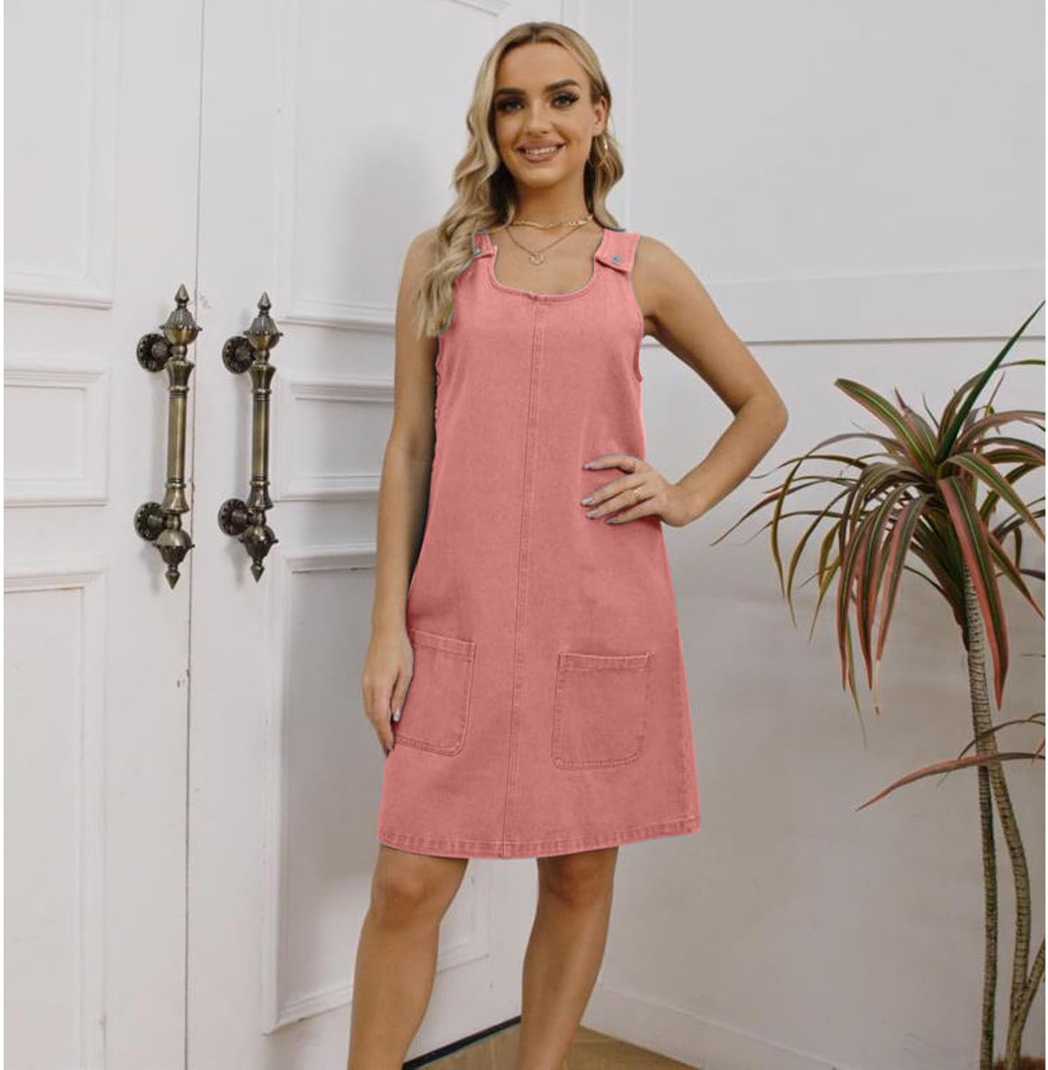 Xaspee Denim Overall Dress for Women Casual Mini Sleeveless Jean Vintage Jumper Skirt Dress with Pockets - Image 3