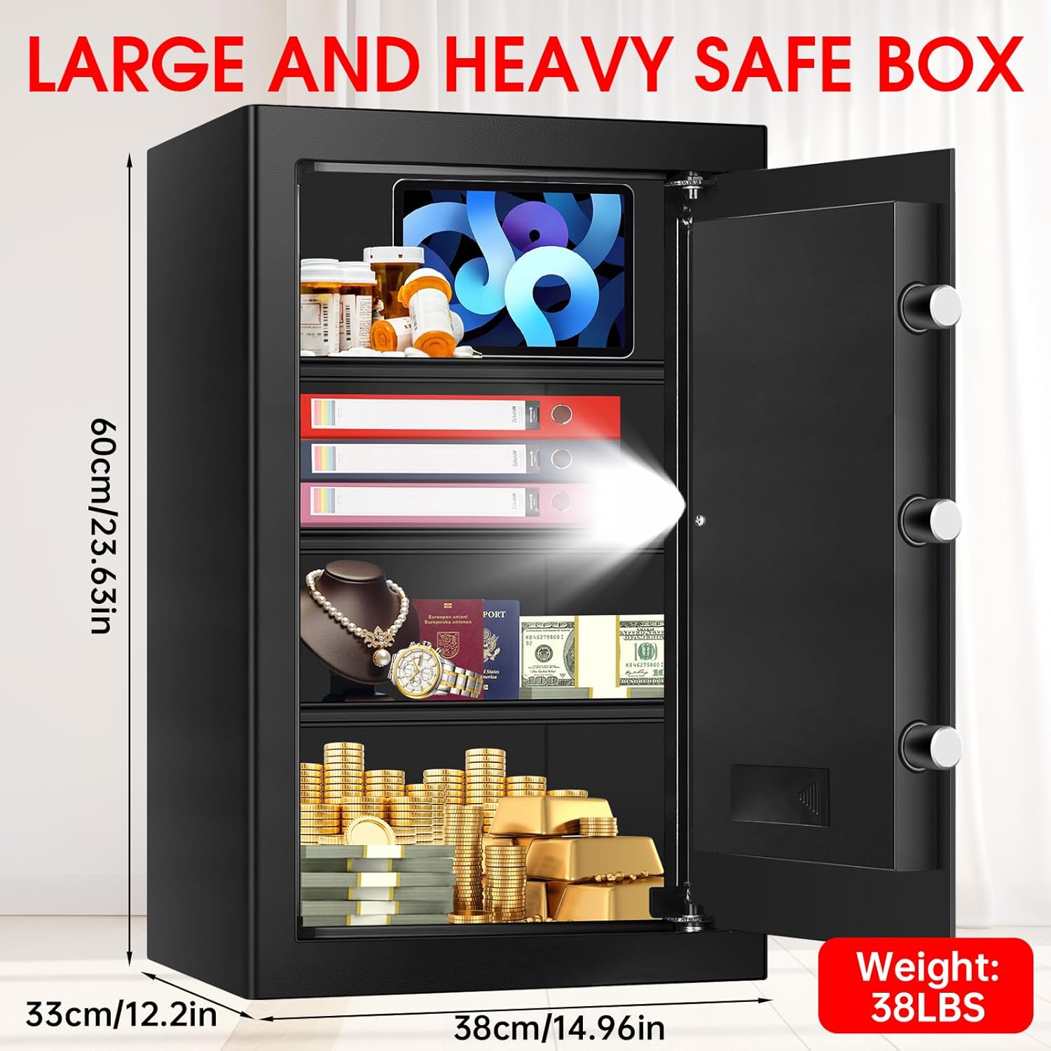 5.2 cuft large home safes water and fireproof, fire proof safe for home use with removable shelves, alarm system and mute function, anti-theft safes for home use fire and water proof for document 5.0 cuft