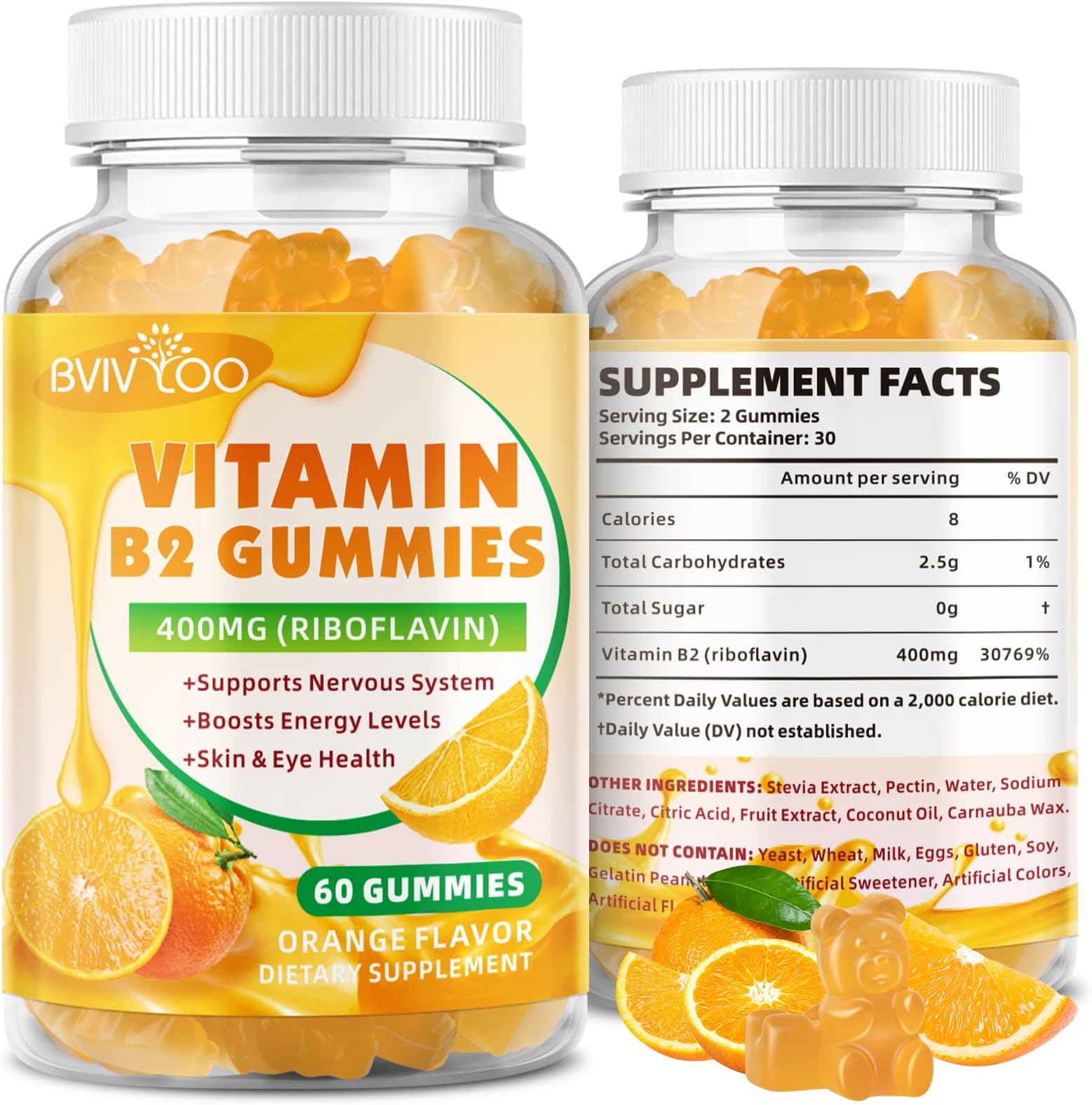Vitamin B2 Gummies - Riboflavin 400mg for Kids & Adults, Migraine Relief & Headache Relief, Vegan, Sugar-Free, Orange Flavor, 60 Gummies