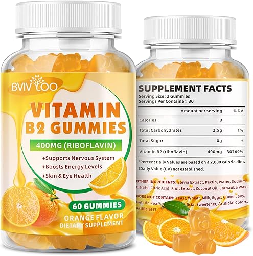 Gomitas de vitamina B2  Riboflavina de 400 mg para niños y adultos, alivio de la migraña y alivio del dolor de cabeza, veganas, sin azúcar, sabor