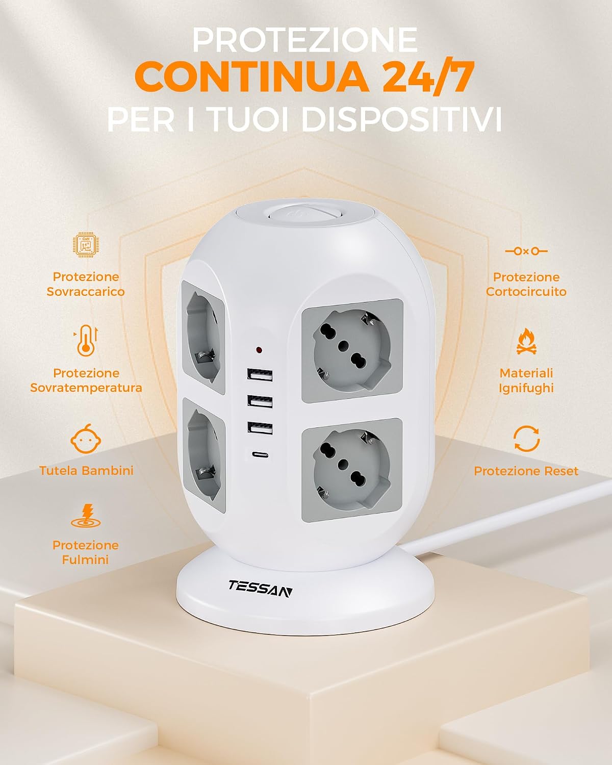TESSAN Power Strip Tower with safety icons for overload, short-circuit, over-temperature, and lightning protection
