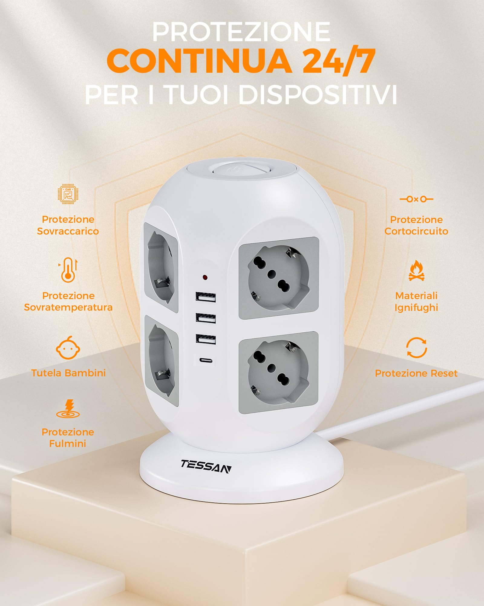 TESSAN Ciabatta Multipresa 8 Schuko 16A Con 4 Porte USB (2 USB-C) E 20W PD – Torretta Con Interruttore E Cavo 2m, Protezione Sovraccarico, Adatta A Casa E Ufficio