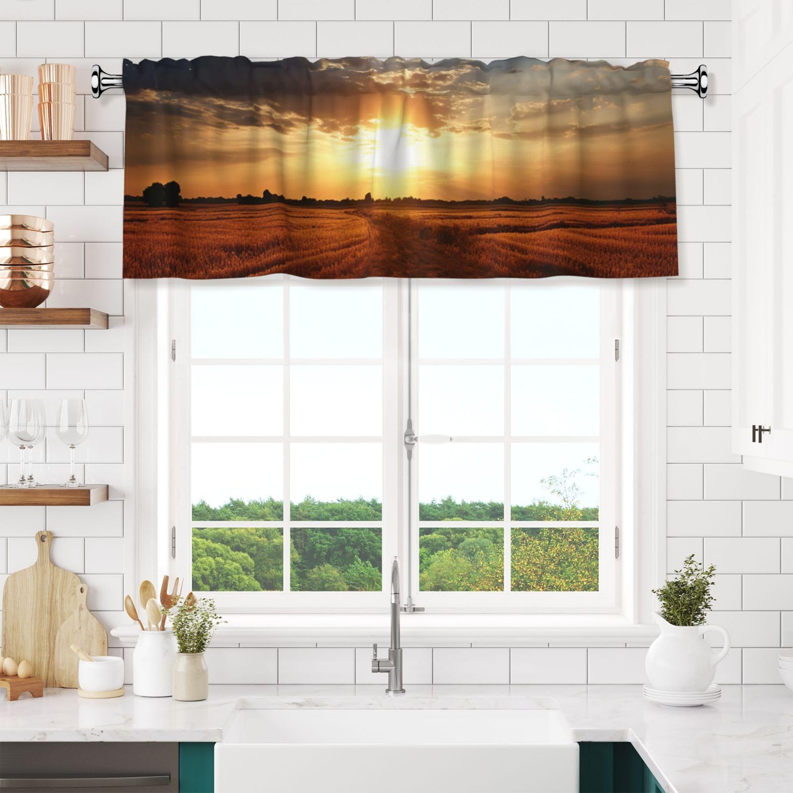 NONHAI Field Sunrise Valances for Windows Short Curtains Rod Pocket Cafe Window Treatments Valance Curtains for Kitchen Bathroom Laundry Basement Windows 54x18inch Blackout Window Valance