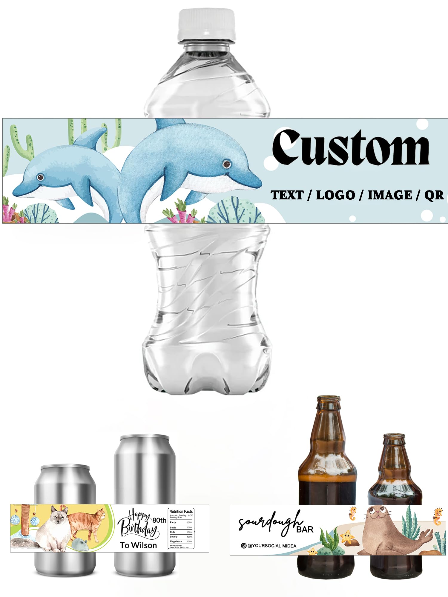 Wtuye 30-200pcs Custom Water Bottle Labels,Custom Stickers with Your Text/Logo/Image/Design,Personalized Wraps for Bottles, Cans, Wedding, Business,