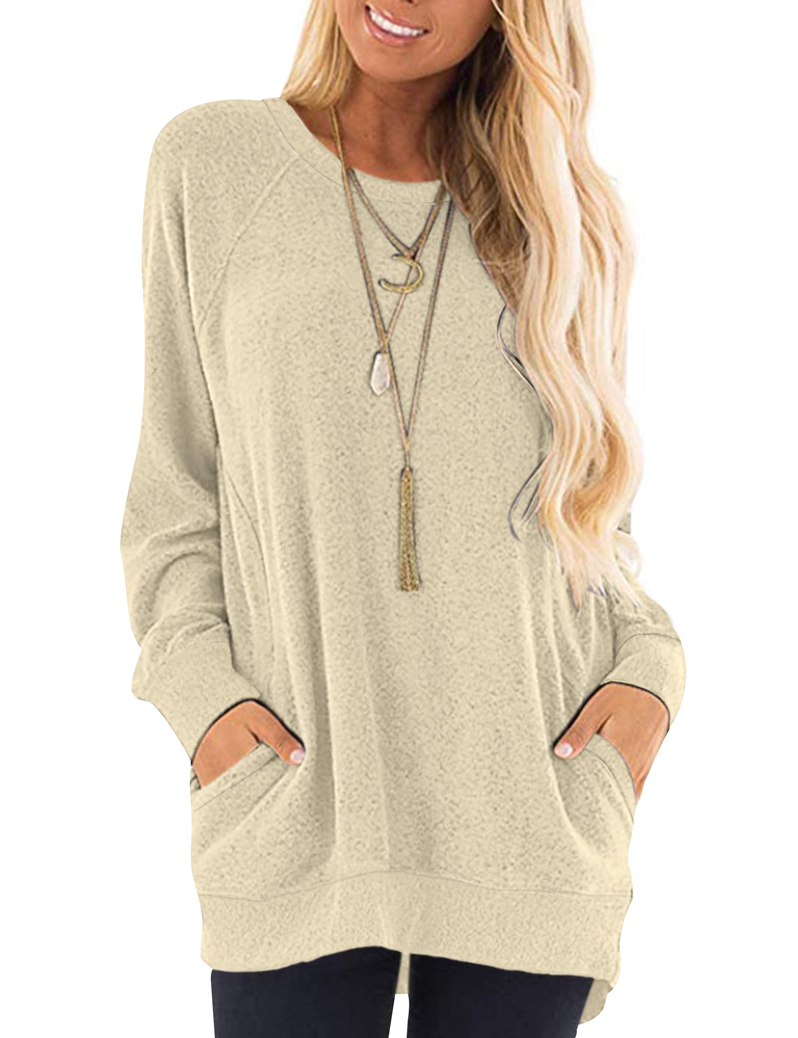 AUSELILY Long Sleeve Tops Women Round Neck Casual Jumpers Blouses Autumn Sweatshirts with Pockets Beige02 3XL