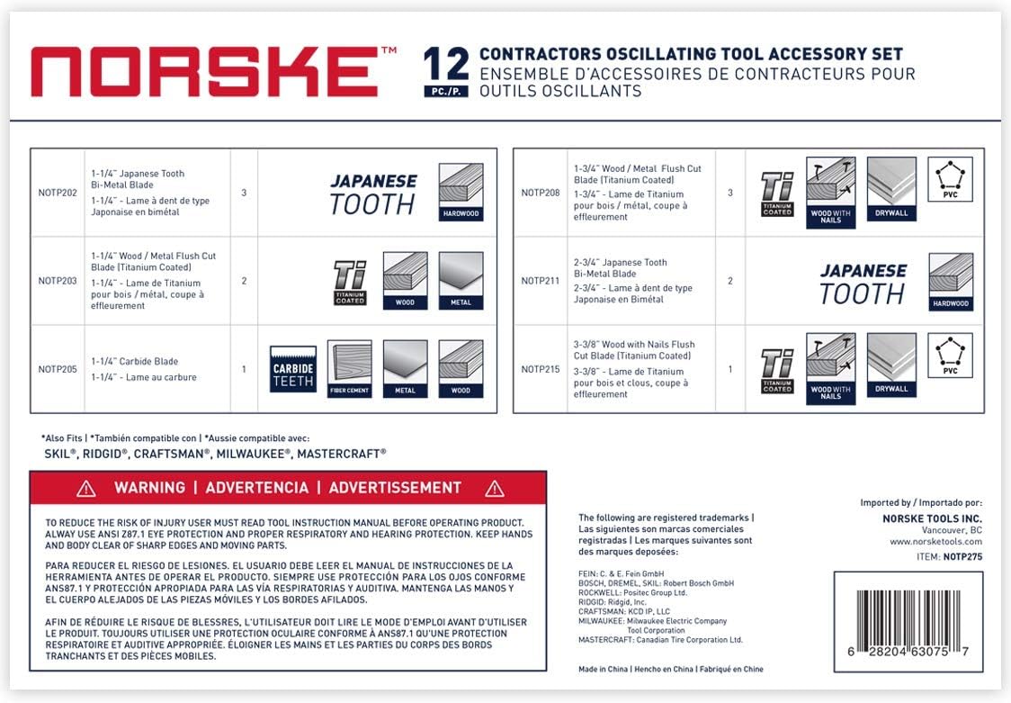 Norske Tools NOTP275 12Piece Universal Fit Oscillating Multi Tool Accessory Blade Set - - 