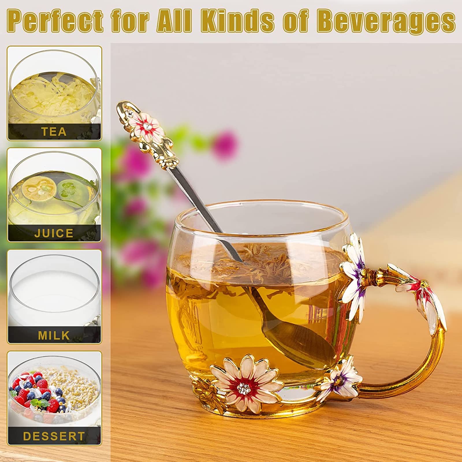 Emails Chrysantheme Glastasse, klare bleifreie Glas Kaffeebecher Teetasse mit Deckel Untersetzer und Stahl Löffel Set, für Weihnachten Geburtstag Emaille Blume Glasbecher(Green)