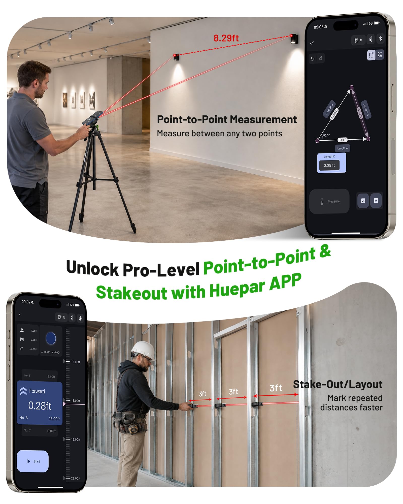 Huepar 2026 Upgraded Dual Laser Distance Meter, 656Ft, Phone App, USB-C — Amazon image 5