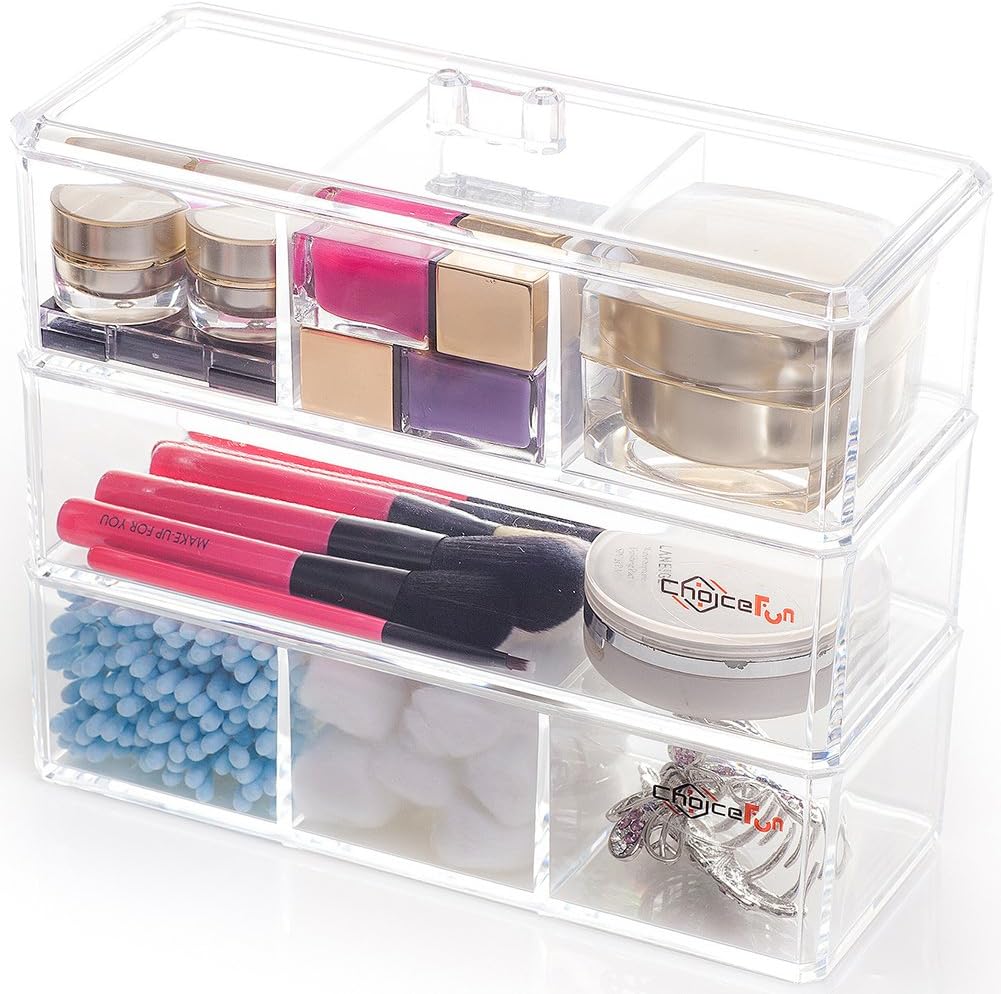 Choice Fun Acrylic Make Up Organiser Clear Plastic Drawer Organiser, 3 Tiers 7 Compartments