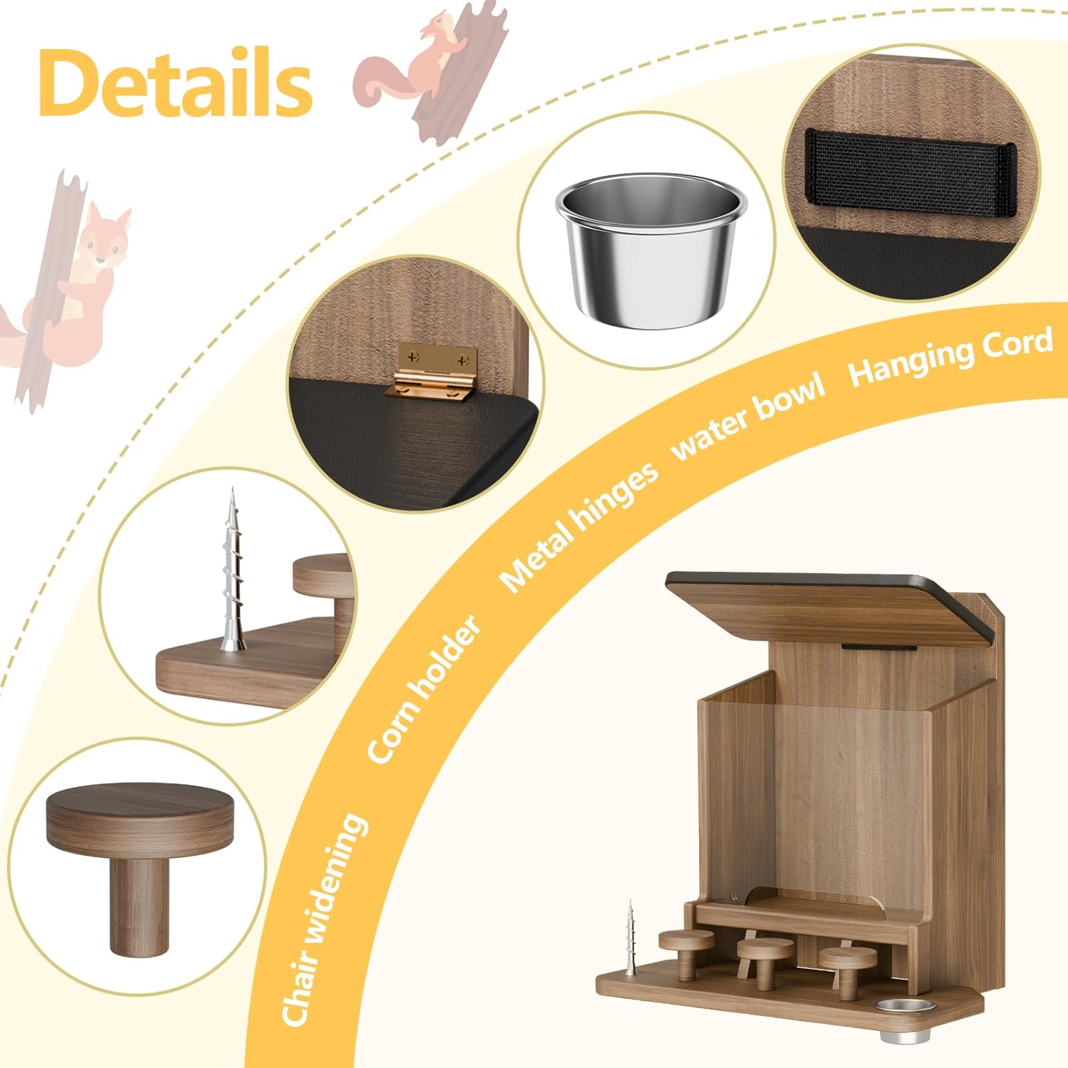 Squirrel Feeder, Wooden Squirrel Feeders for Outside Picnic Table with Water Bowl & Corn Cob Holder, Durable Squirrel House Nut Bar fo Chipmunks, Hanging Squirrel Feeder (Dark Brown)