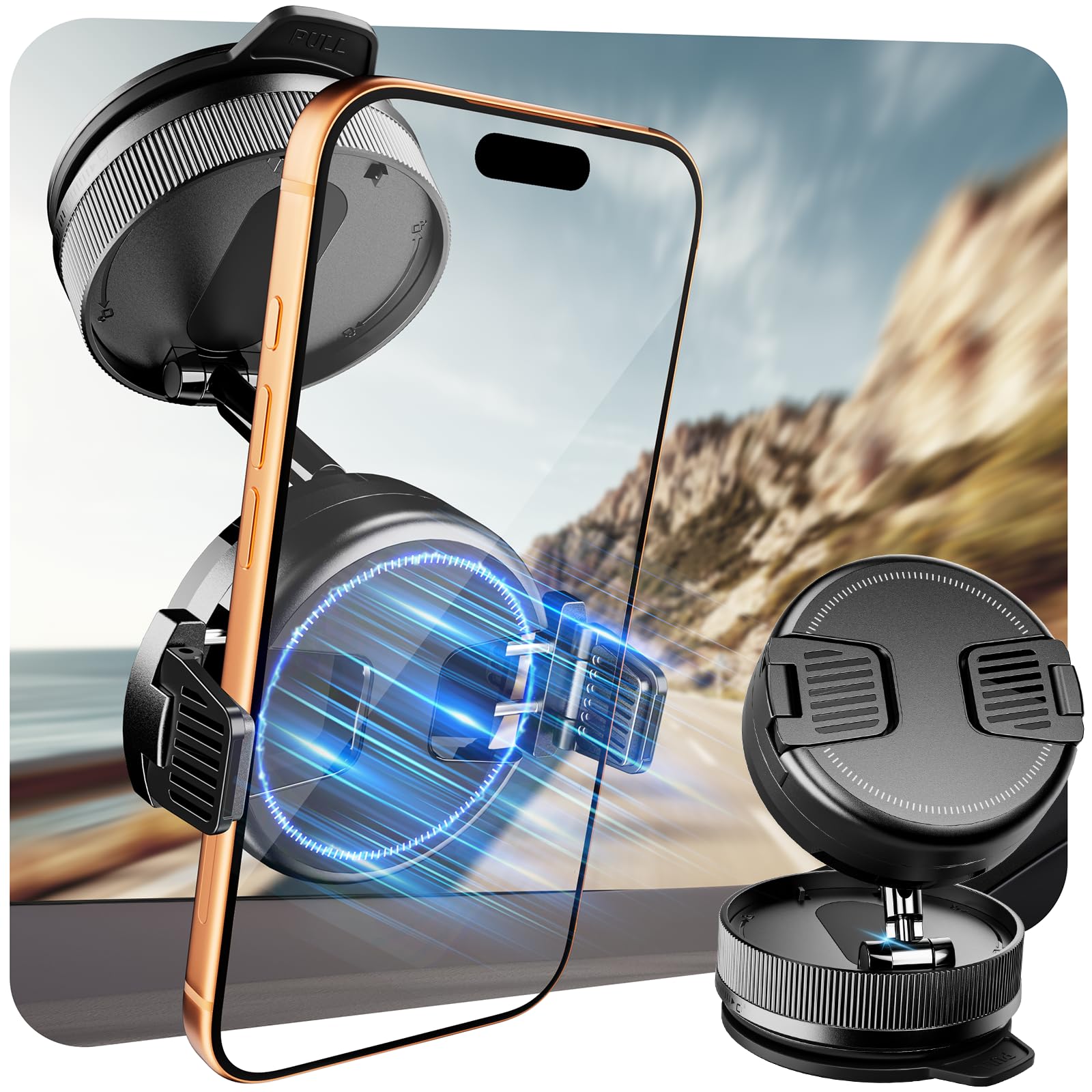 2026 Upgraded 360° Vacuum Magnetic Car Phone Holder for Magsafe [78+LBS Strongest Suction & 2400gf Strongest Magnetic], Adjustable Car Phone Mount for Your Car/Gym/Mirror for iPhone & Android, Pro Black Pro
