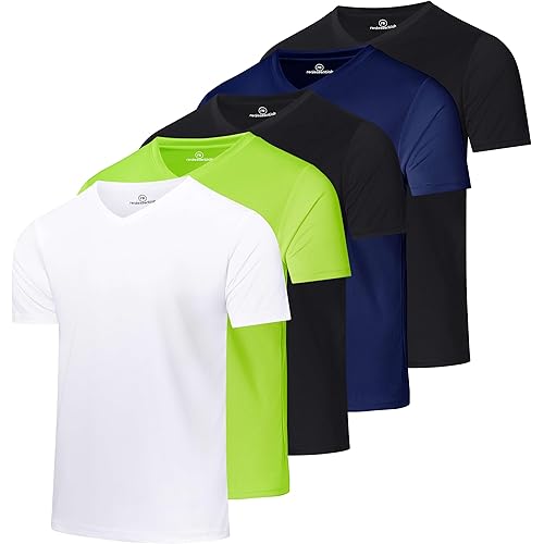 Real Essentials 5 Pack: Men's Mesh Quick Dry Short Sleeve V-Neck T-Shirt - Athletic Performance (Available in Big & Tall)