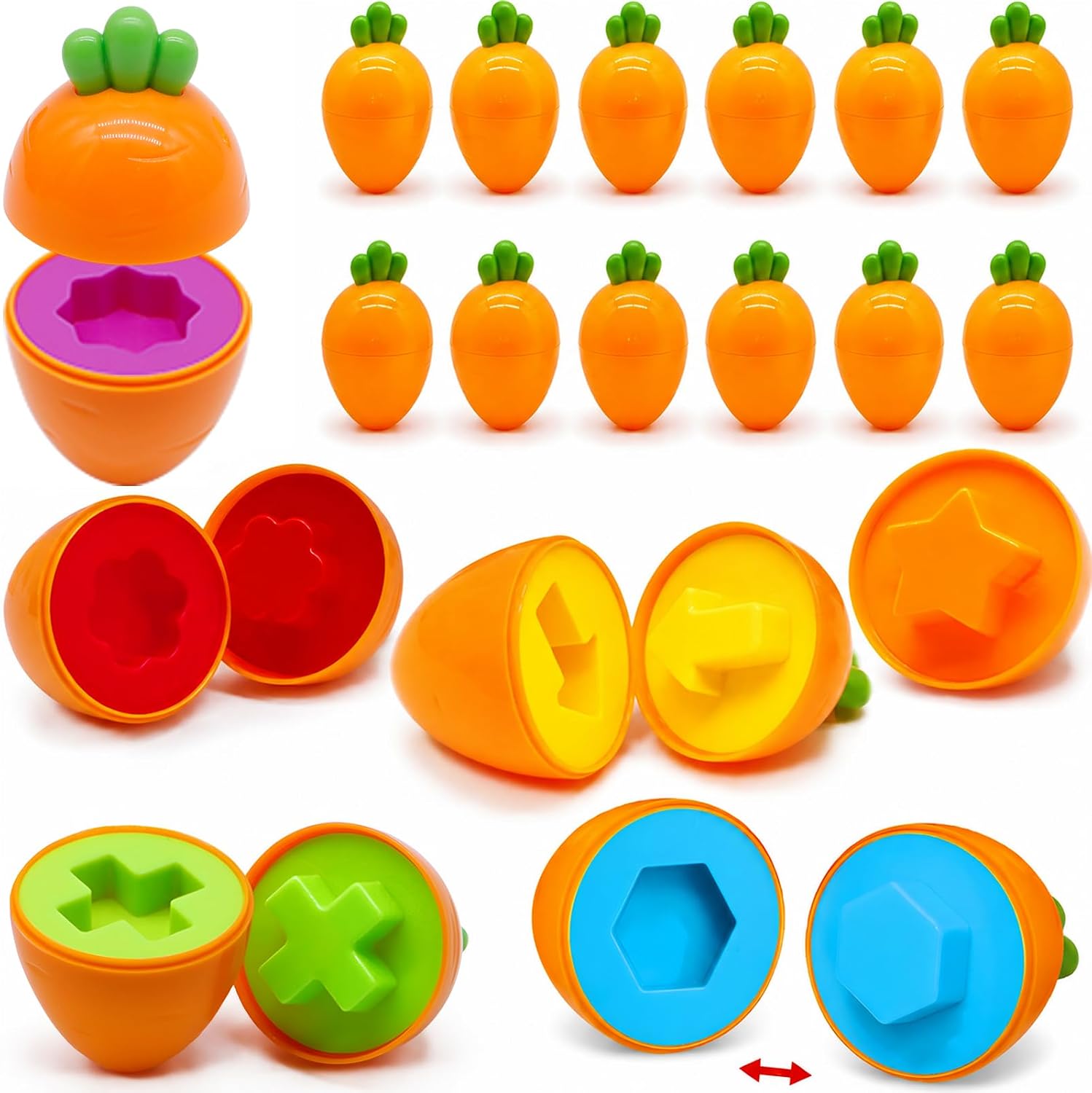 WEEJOYGAM 12PCS Carrot Matching Egg Toys for Toddlers, Montessori Toys for Baby Girl Boy Birthday Gift, Shape Sorter Color Sorting Sensory Learning Fine Motor Geometric Puzzles Game