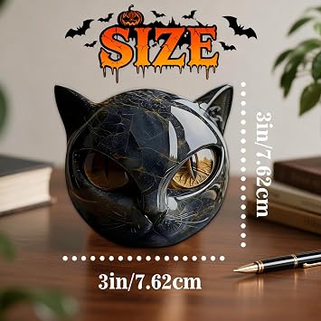 Black Cat Stone Sculpture Figurine Handcrafted Marble-Look Resin Statue with Amber Eyes, Elegant Home & Office Shelf Decor, Halloween Cat Figurine Gift for Animal Lovers (Purple)
