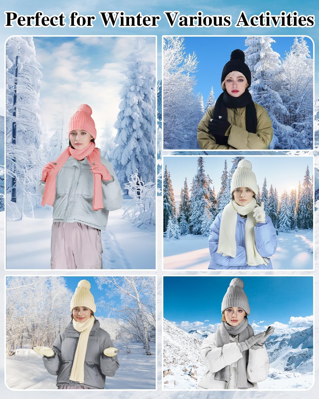 Winter Beanie Hat Scarf Gloves Set for Women, Fleece Knit Pompom Beanie Neck Warmer Long Scarf Touchscreen Gloves 3 in 1 Set - Image 6