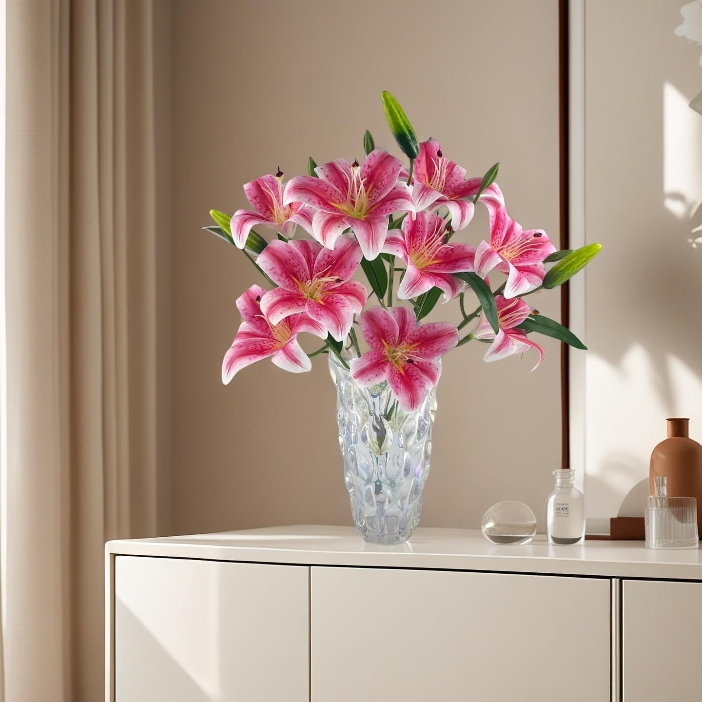 12 Artifical Lily Flowers with 9 Heads Full Bloom Lily & 3 Buds, Long Stem Artificial Stargazer Lilies, Faux Tiger Bouquets for Home Hotel Office Party Decor Table Centerpieces（Dark Pink