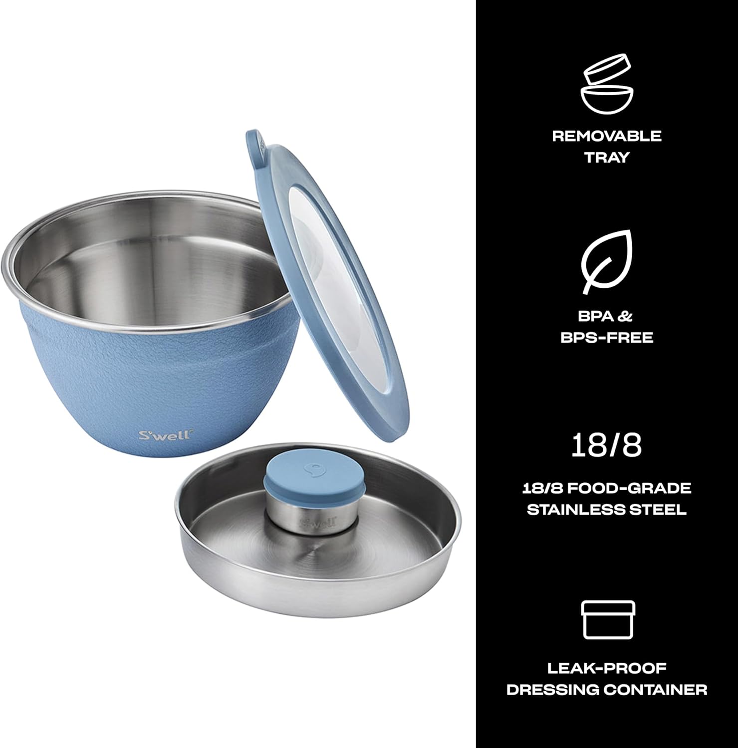 S'well Stainless Steel Salad Bowl Kit 64oz, Desert Sky, Comes with 2oz Mini Canister and Removable Tray for Organization, Leakproof, Easy to Clean, Dishwasher Safe - Image 3