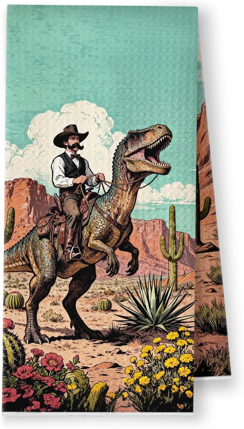 Fantasy Western Dinosaur Cowboy Kitchen Towels, Rustic Western Dish Tea Towels, Vintage Southwestern Desert Decorative Hand Towel for Bathroom Kitchen, 16x24 Inch
