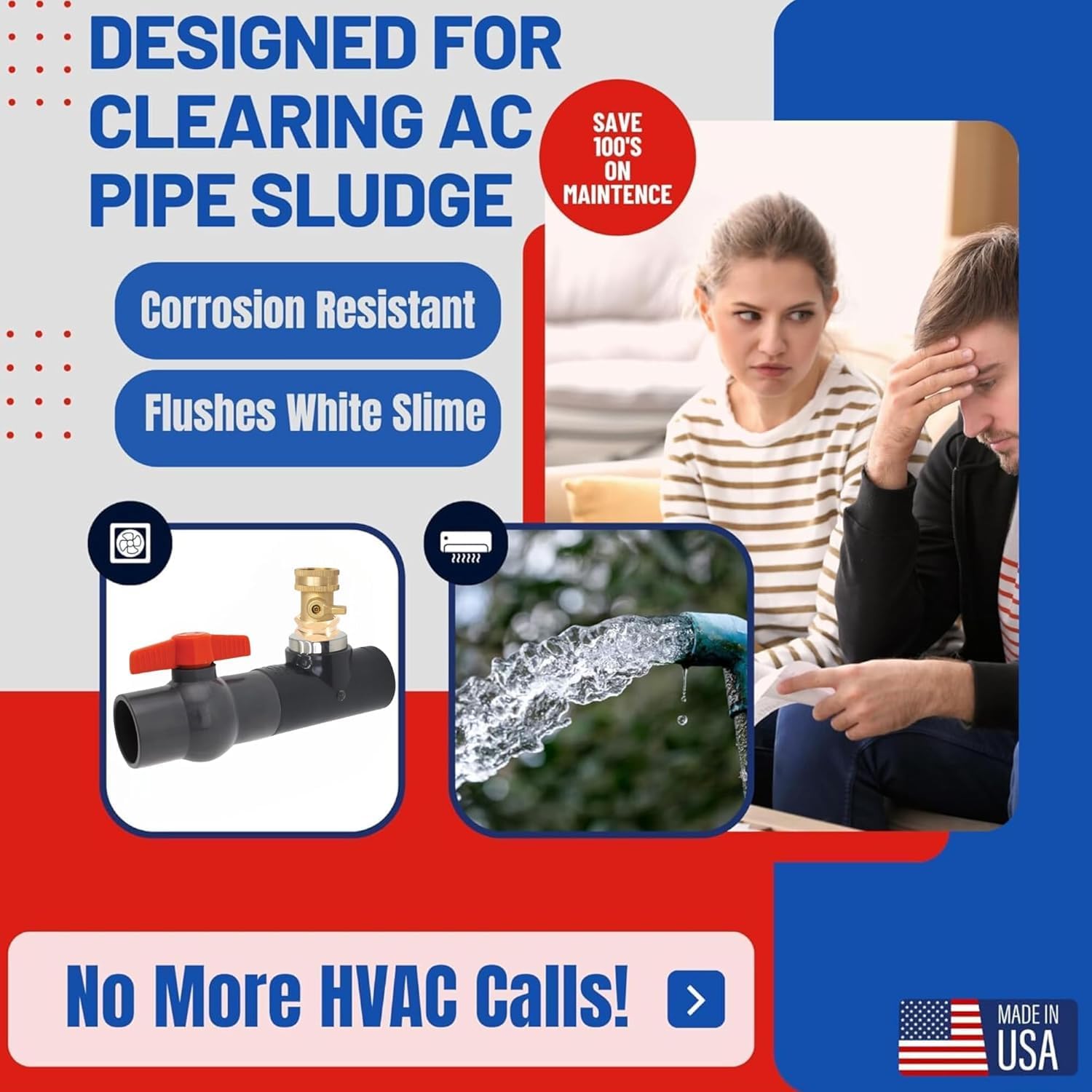 AC Drain Line Cleaner Tool Unclogger - Condensate A/C Cleaner Flush, HVAC Maintenance Cleaner, Ac Drain Line Cleaner, No Refills, Tablets or Vacuum. AC Flow Line Tool. 2 Pack