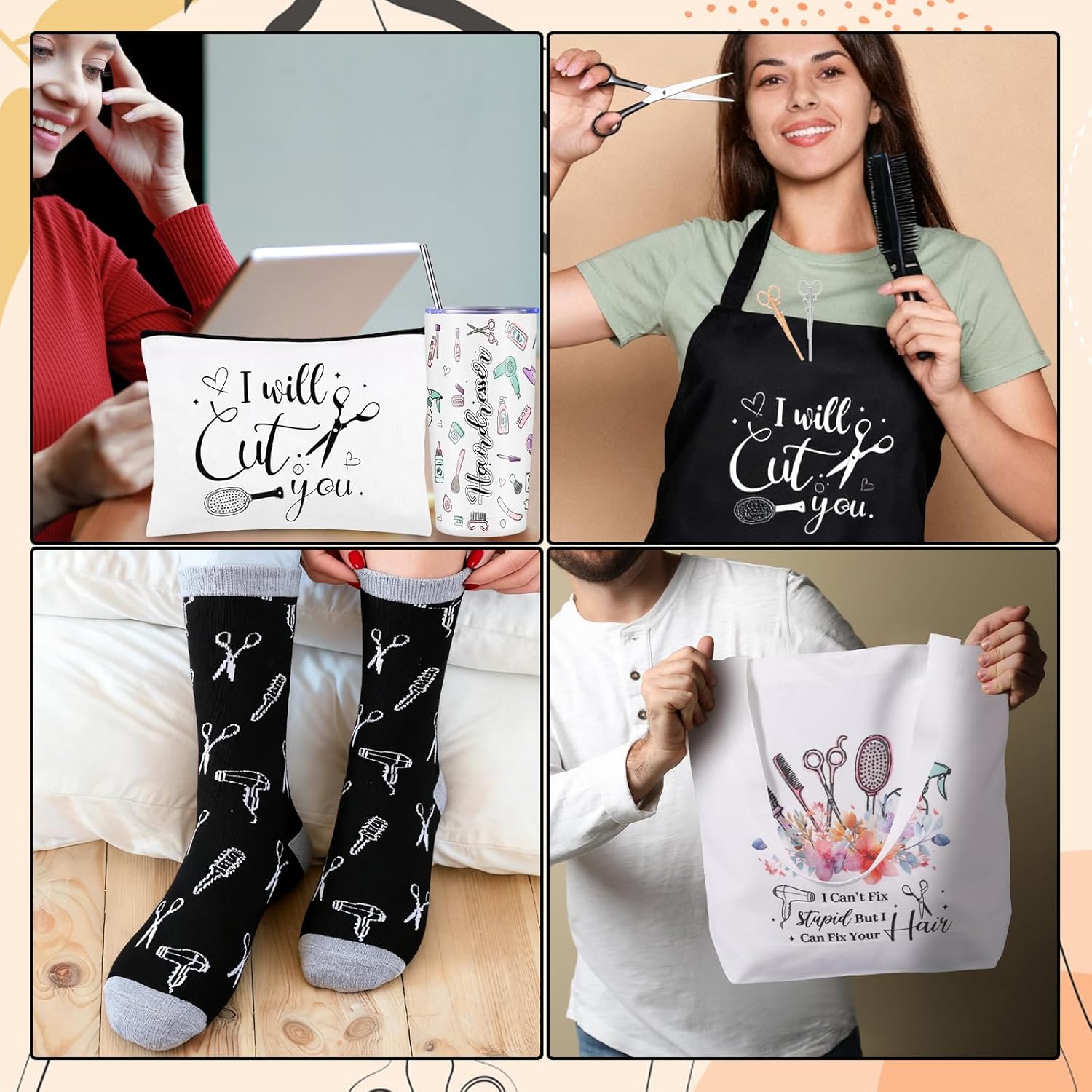 Hair Stylist Gifts Hair Dresser Gift for Women with Stainless Steel Tumbler Makeup Bag Tote Bag Apron Socks Scissor Hairclips Keychain and Greeting Card for Christmas Appreciation Gifts - Image 5