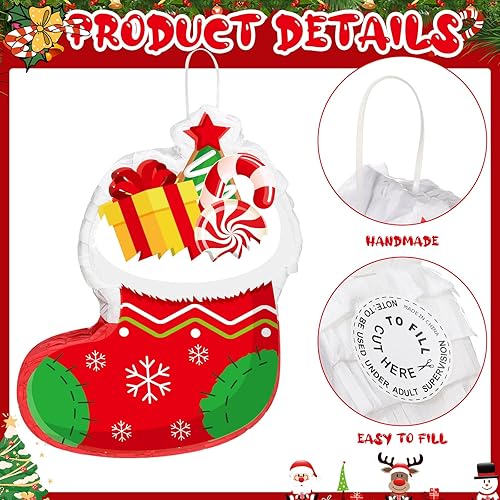Miniatura 7 de Harrycle Christmas Stocking Pinata 16 Inch Christmas Mexican Pinata with Stick Blindfold and Confetti Pack Christmas Pinata Bundle for Xmas Birthday